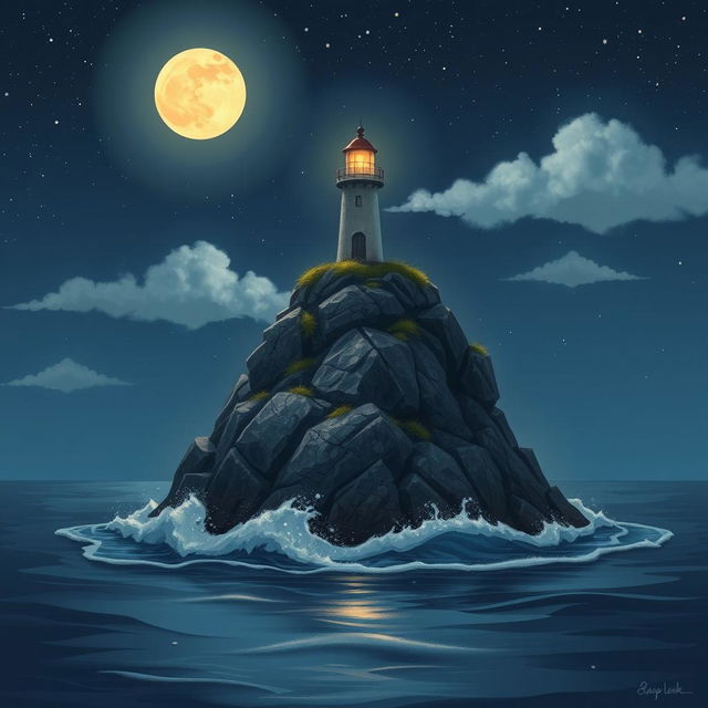 A serene nighttime scene featuring a small lighthouse perched atop a rugged small rock