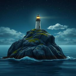 A serene nighttime scene featuring a small lighthouse perched atop a rugged small rock