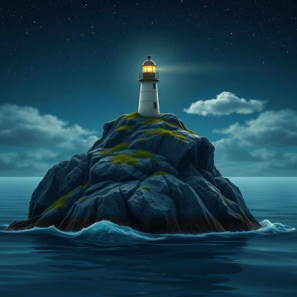 A serene nighttime scene featuring a small lighthouse perched atop a rugged small rock