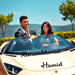 A realistic representation of Cristiano Ronaldo and Georgina Rodriguez embracing tenderly beside a luxurious sports car, showcasing their loving relationship