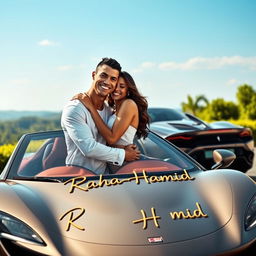 A realistic representation of Cristiano Ronaldo and Georgina Rodriguez embracing tenderly beside a luxurious sports car, showcasing their loving relationship