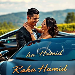 A realistic representation of Cristiano Ronaldo and Georgina Rodriguez embracing tenderly beside a luxurious sports car, showcasing their loving relationship