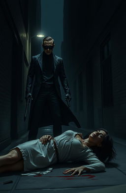 A dark, atmospheric scene depicting a vigilante in a shadowy city alley at night