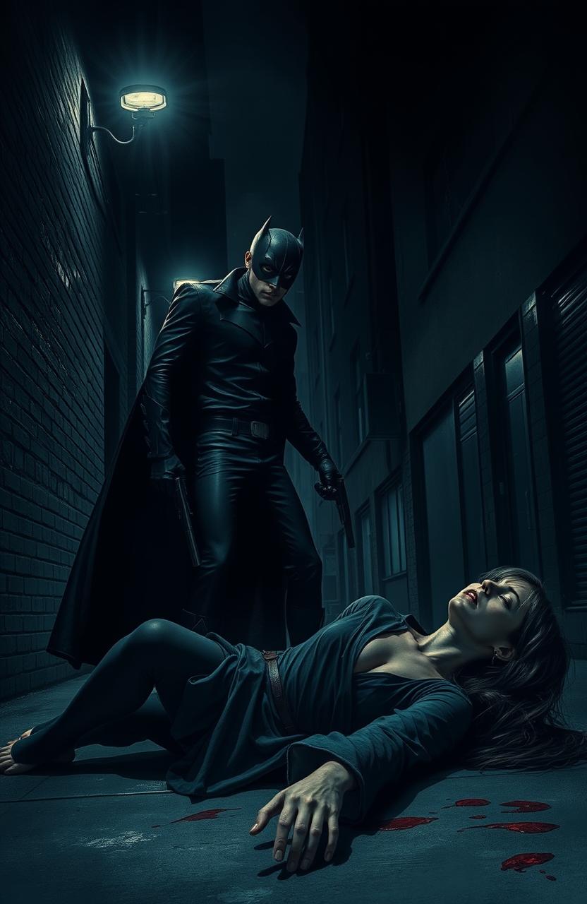 A dark, atmospheric scene depicting a vigilante in a shadowy city alley at night