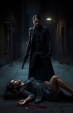 A dark, atmospheric scene depicting a vigilante in a shadowy city alley at night