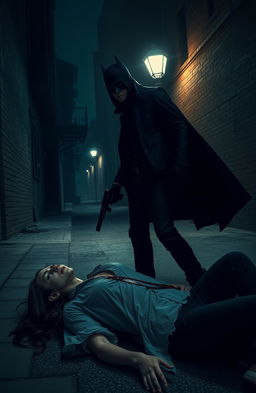 A dark, atmospheric scene depicting a vigilante in a shadowy city alley at night