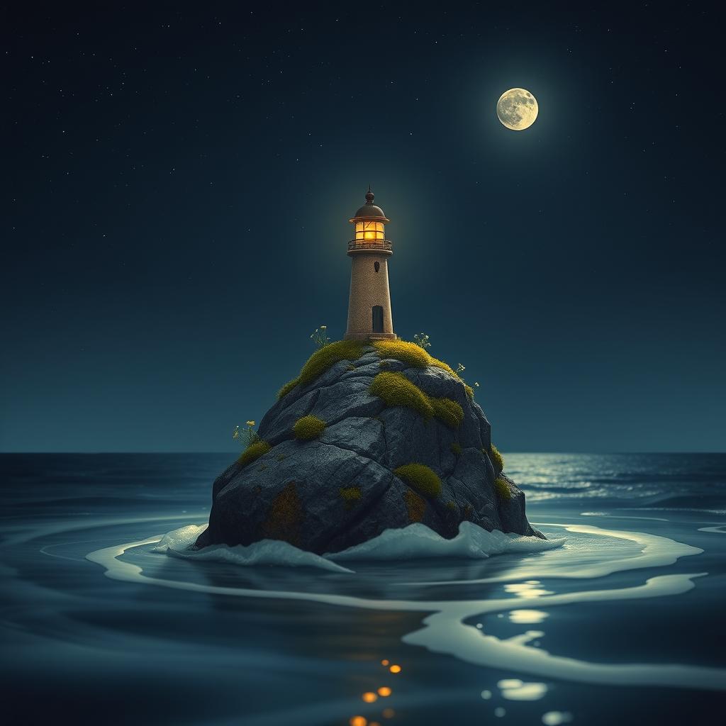 A picturesque nighttime scene featuring a very small lighthouse delicately situated atop a modest small rock