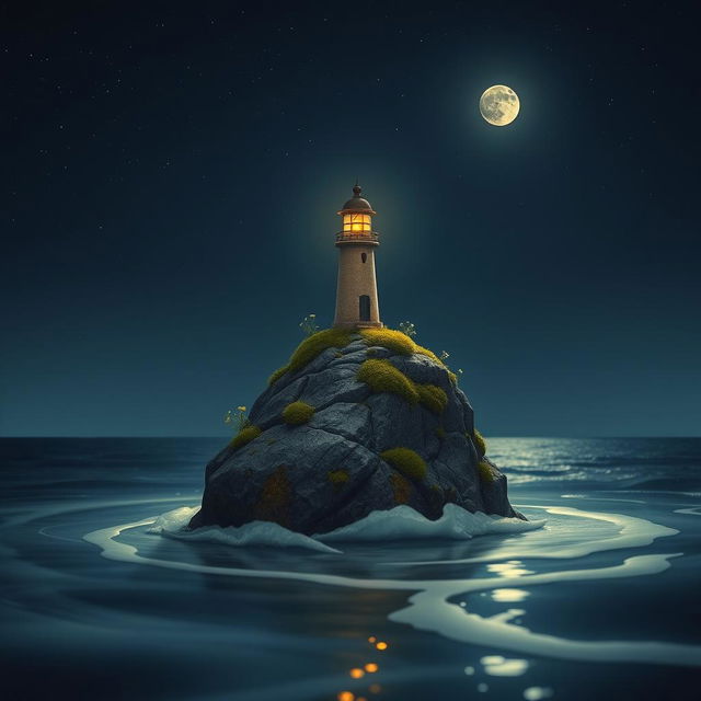 A picturesque nighttime scene featuring a very small lighthouse delicately situated atop a modest small rock