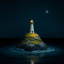 A picturesque nighttime scene featuring a very small lighthouse delicately situated atop a modest small rock