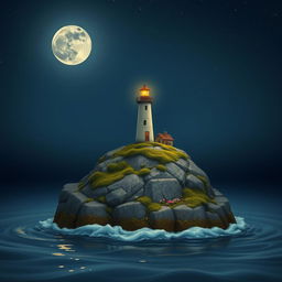 A picturesque nighttime scene featuring a very small lighthouse delicately situated atop a modest small rock