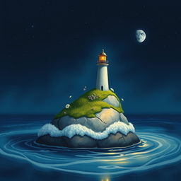 A picturesque nighttime scene featuring a very small lighthouse delicately situated atop a modest small rock