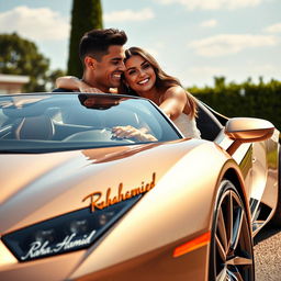 A photorealistic image of Cristiano Ronaldo and Georgina Rodriguez embracing lovingly next to a dazzling luxury sports car