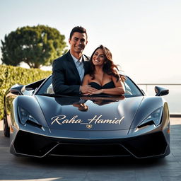 A photorealistic image of Cristiano Ronaldo and Georgina Rodriguez embracing lovingly next to a dazzling luxury sports car