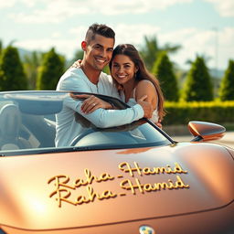 A photorealistic image of Cristiano Ronaldo and Georgina Rodriguez embracing lovingly next to a dazzling luxury sports car