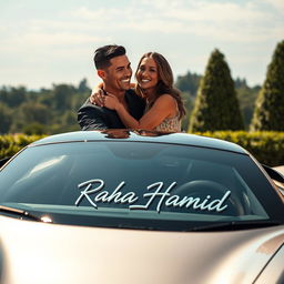 A photorealistic image of Cristiano Ronaldo and Georgina Rodriguez embracing lovingly next to a dazzling luxury sports car