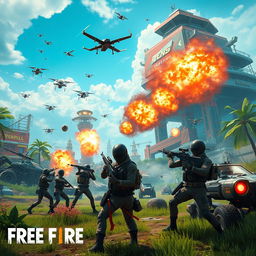 A futuristic scene set in the year 2025 in a Free Fire-inspired world