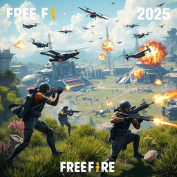A futuristic scene set in the year 2025 in a Free Fire-inspired world