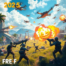 A futuristic scene set in the year 2025 in a Free Fire-inspired world