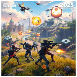 A futuristic scene set in the year 2025 in a Free Fire-inspired world