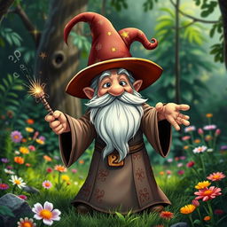 A whimsical gnome wizard casting a spell in a vibrant forest