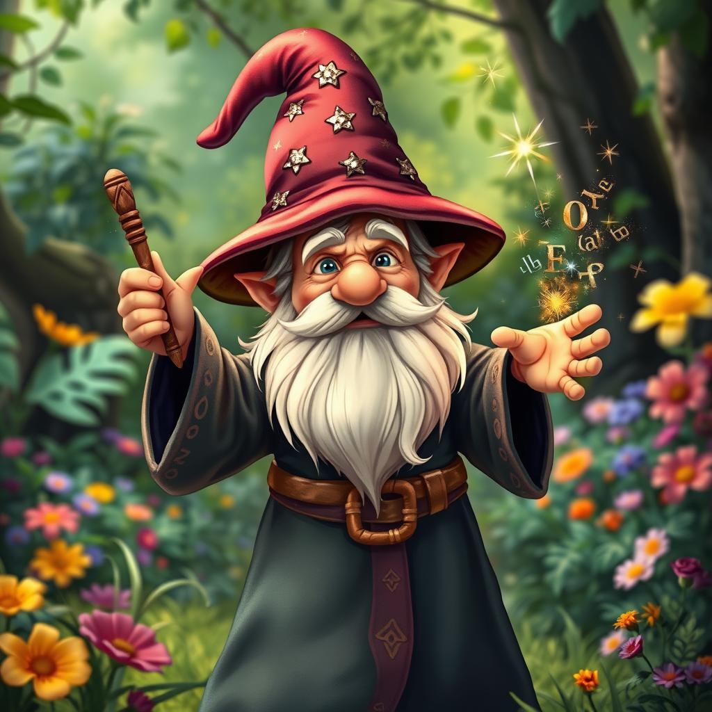 A whimsical gnome wizard casting a spell in a vibrant forest