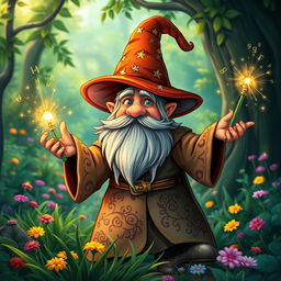 A whimsical gnome wizard casting a spell in a vibrant forest