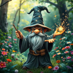 A whimsical gnome wizard casting a spell in a vibrant forest