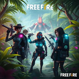 A futuristic scene set in 2028 featuring characters inspired by the popular mobile game Free Fire