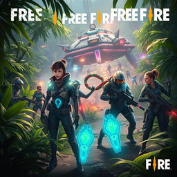 A futuristic scene set in 2028 featuring characters inspired by the popular mobile game Free Fire