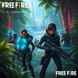 A futuristic scene set in 2028 featuring characters inspired by the popular mobile game Free Fire