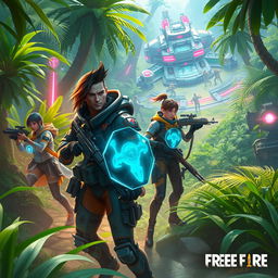 A futuristic scene set in 2028 featuring characters inspired by the popular mobile game Free Fire
