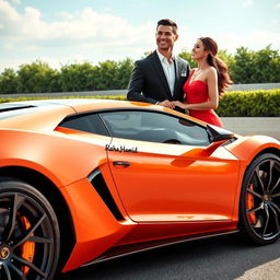 A realistic image of Cristiano Ronaldo and Georgina Rodriguez standing next to a striking luxury sports car