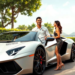 A realistic image of Cristiano Ronaldo and Georgina Rodriguez standing next to a striking luxury sports car