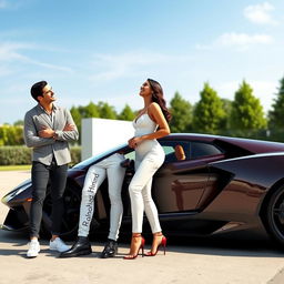 A realistic image of Cristiano Ronaldo and Georgina Rodriguez standing next to a striking luxury sports car