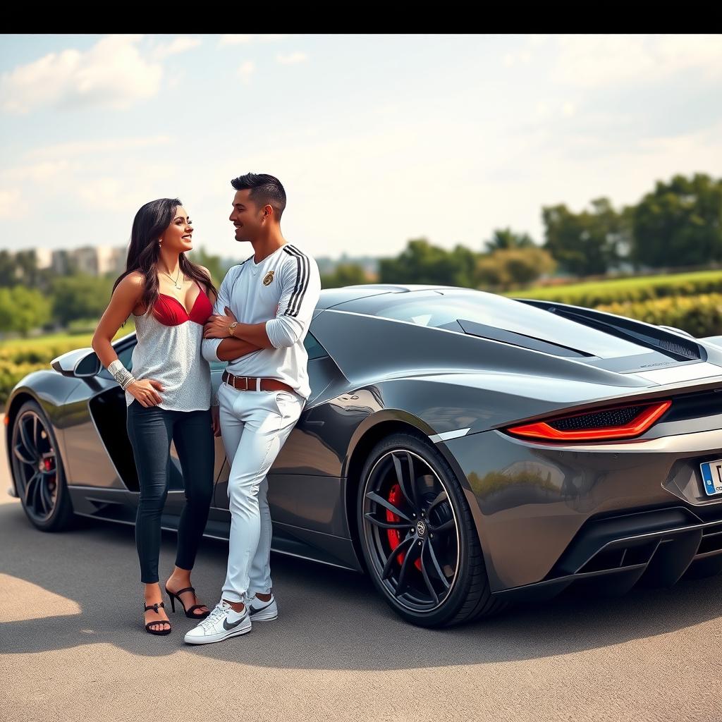 A realistic image of Cristiano Ronaldo and Georgina Rodriguez standing next to a striking luxury sports car