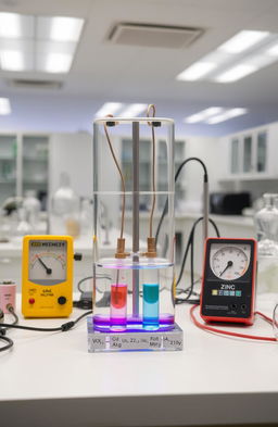 An electrochemical cell setup demonstrated in a laboratory environment, showcasing two electrodes submerged in a colorful electrolyte solution