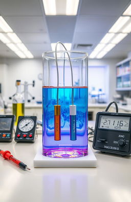 An electrochemical cell setup demonstrated in a laboratory environment, showcasing two electrodes submerged in a colorful electrolyte solution