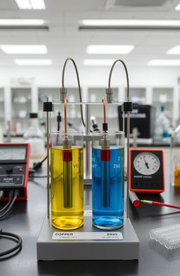 An electrochemical cell setup demonstrated in a laboratory environment, showcasing two electrodes submerged in a colorful electrolyte solution