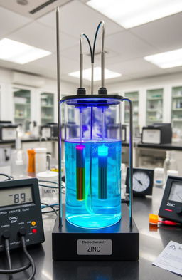 An electrochemical cell setup demonstrated in a laboratory environment, showcasing two electrodes submerged in a colorful electrolyte solution