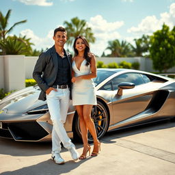 A lifelike image of Cristiano Ronaldo and Georgina Rodriguez standing beside a stunning luxury sports car