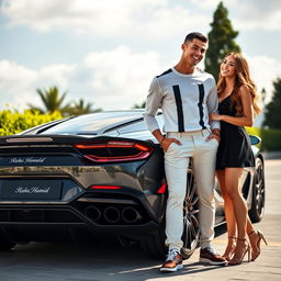 A lifelike image of Cristiano Ronaldo and Georgina Rodriguez standing beside a stunning luxury sports car