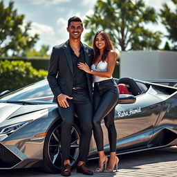 A lifelike image of Cristiano Ronaldo and Georgina Rodriguez standing beside a stunning luxury sports car