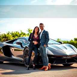 A lifelike image of Cristiano Ronaldo and Georgina Rodriguez standing beside a stunning luxury sports car