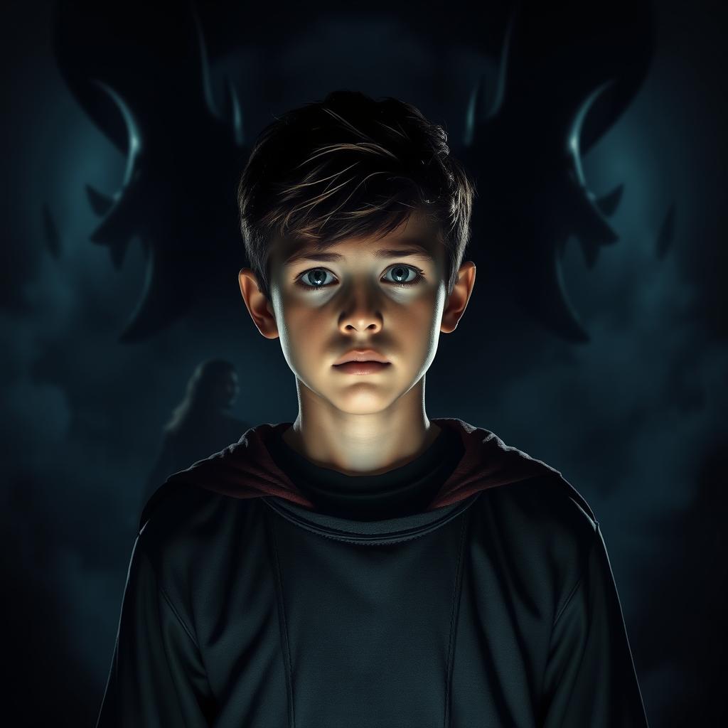 An intriguing scene set in a dark, mysterious environment, showcasing a teenage boy who embodies heroism
