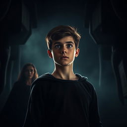 An intriguing scene set in a dark, mysterious environment, showcasing a teenage boy who embodies heroism