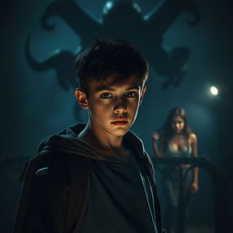An intriguing scene set in a dark, mysterious environment, showcasing a teenage boy who embodies heroism