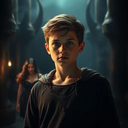 An intriguing scene set in a dark, mysterious environment, showcasing a teenage boy who embodies heroism
