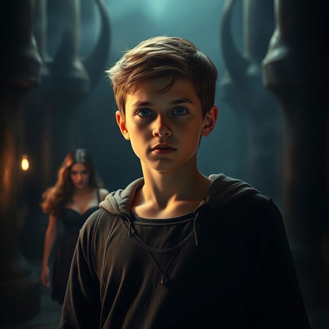 An intriguing scene set in a dark, mysterious environment, showcasing a teenage boy who embodies heroism