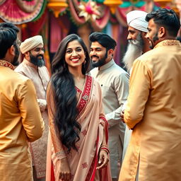 A vibrant scene depicting an Indian lady in traditional attire, gracefully interacting with a group of Muslim men dressed in elegant kurta and sherwani outfits