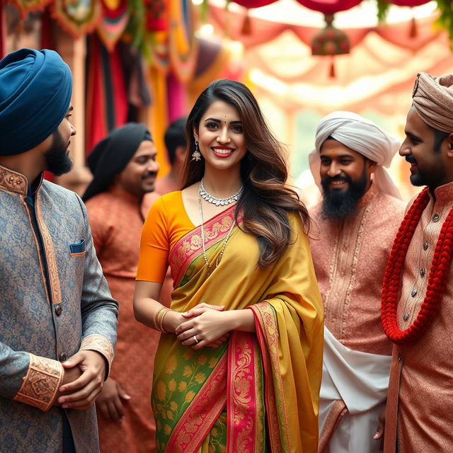 A vibrant scene depicting an Indian lady in traditional attire, gracefully interacting with a group of Muslim men dressed in elegant kurta and sherwani outfits